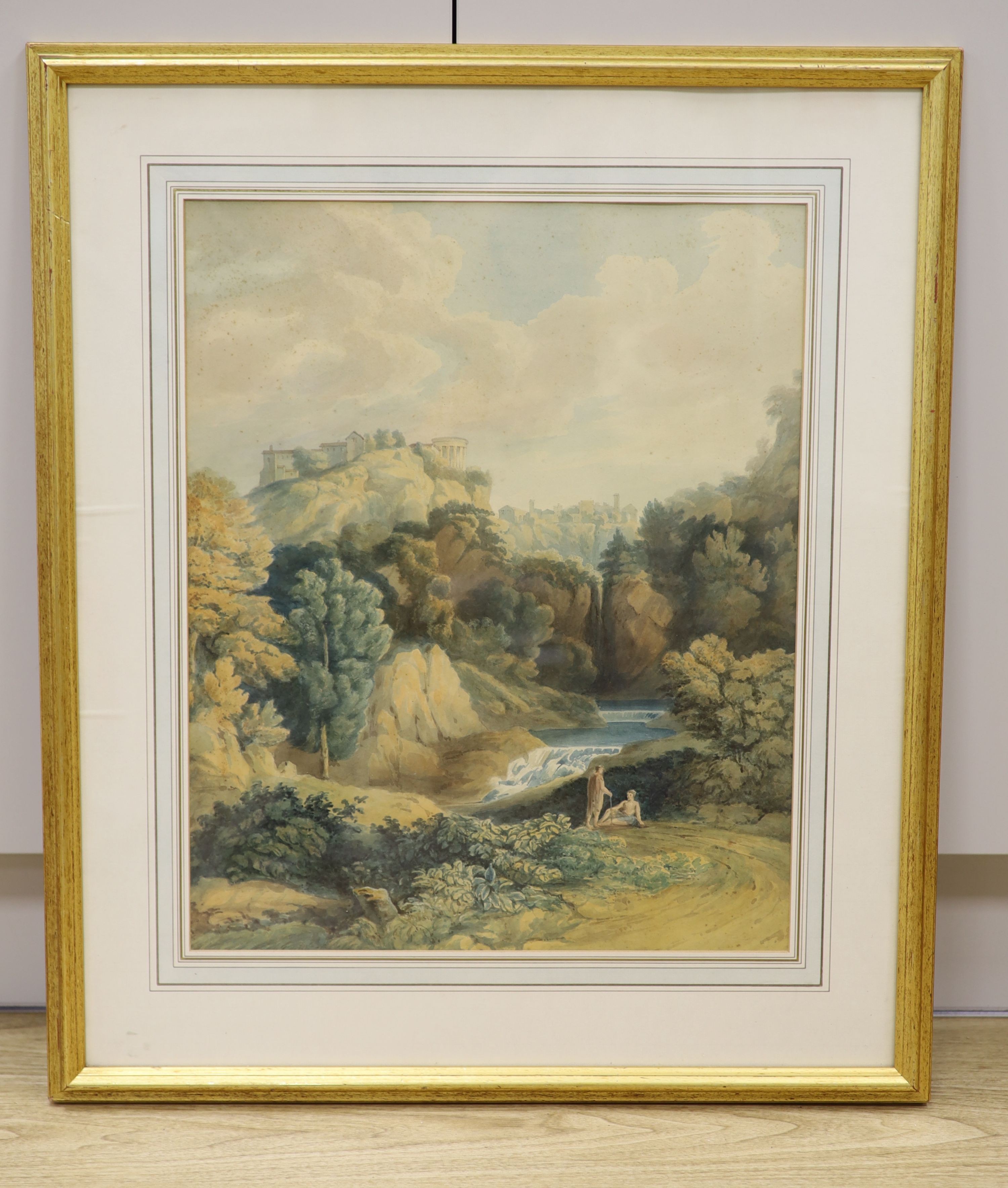 19th century Continental school, figures before a waterfall and distant hill-top buildings, watercolour, unsigned, 53 x 43cm